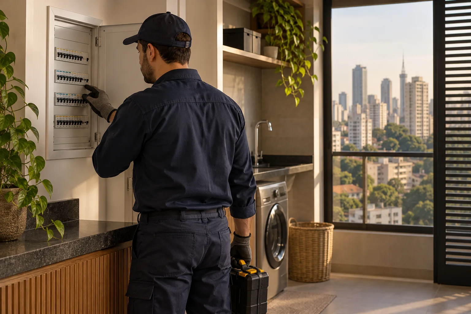Imagem ilustrativa de um profissional observando um quadro elétrico residencial